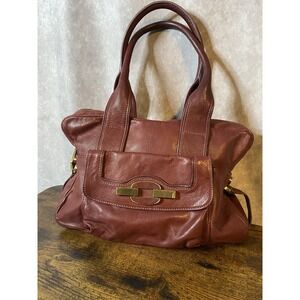 TREESJE Red Maroon Leather Gold Tone Hardware Shoulder Bag Handbag